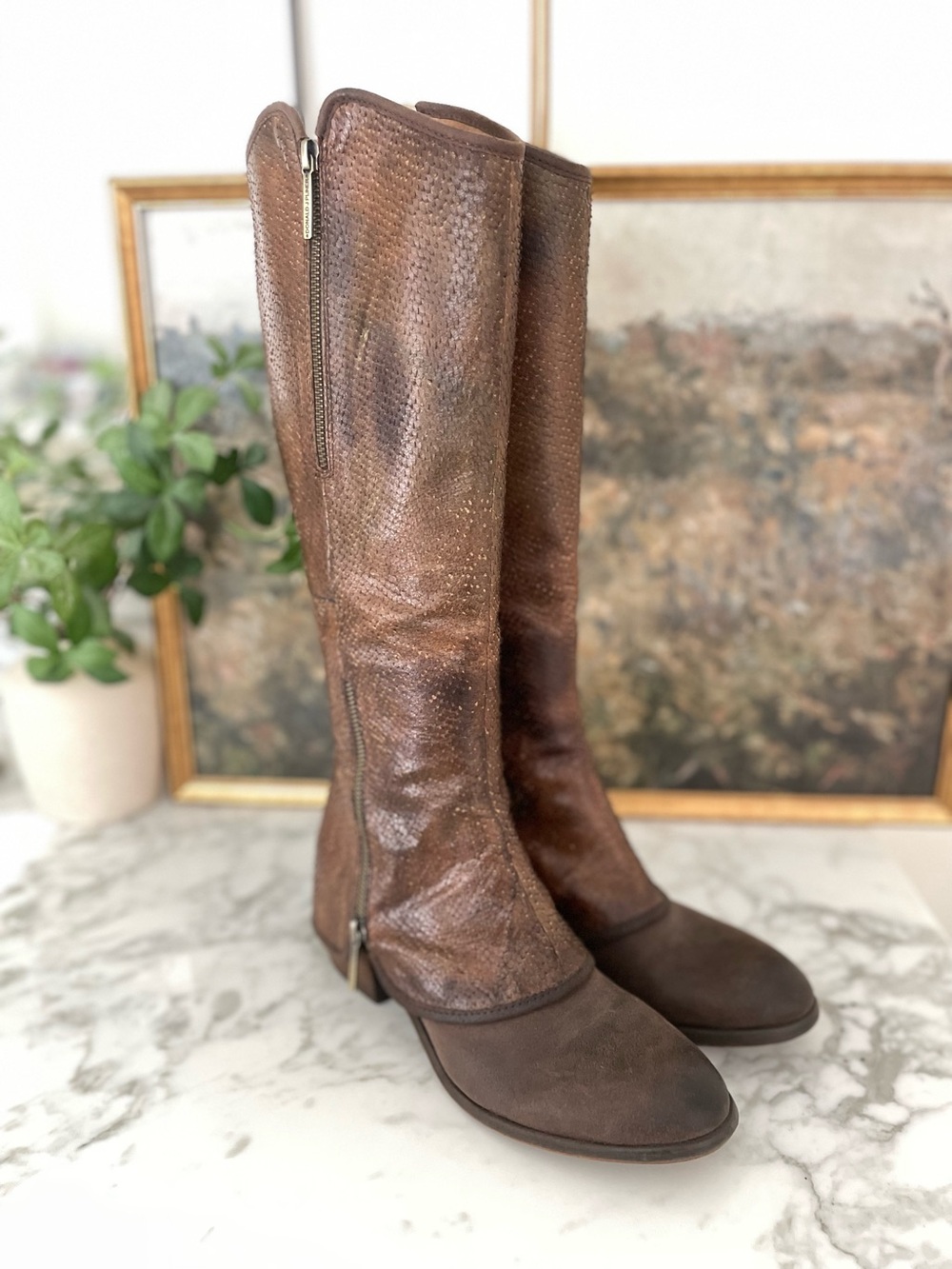 Donald Pliner Devi Brown Leather Snake Skin Distressed Knee High Boots Size 8 - Picture 4 of 10